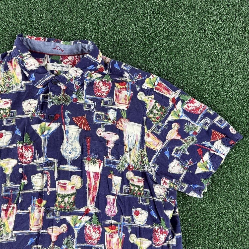 Tommy Bahama Men's Camp Hawaiian Aloha Button Shirt Size 2XL Martini Drinks Blue
